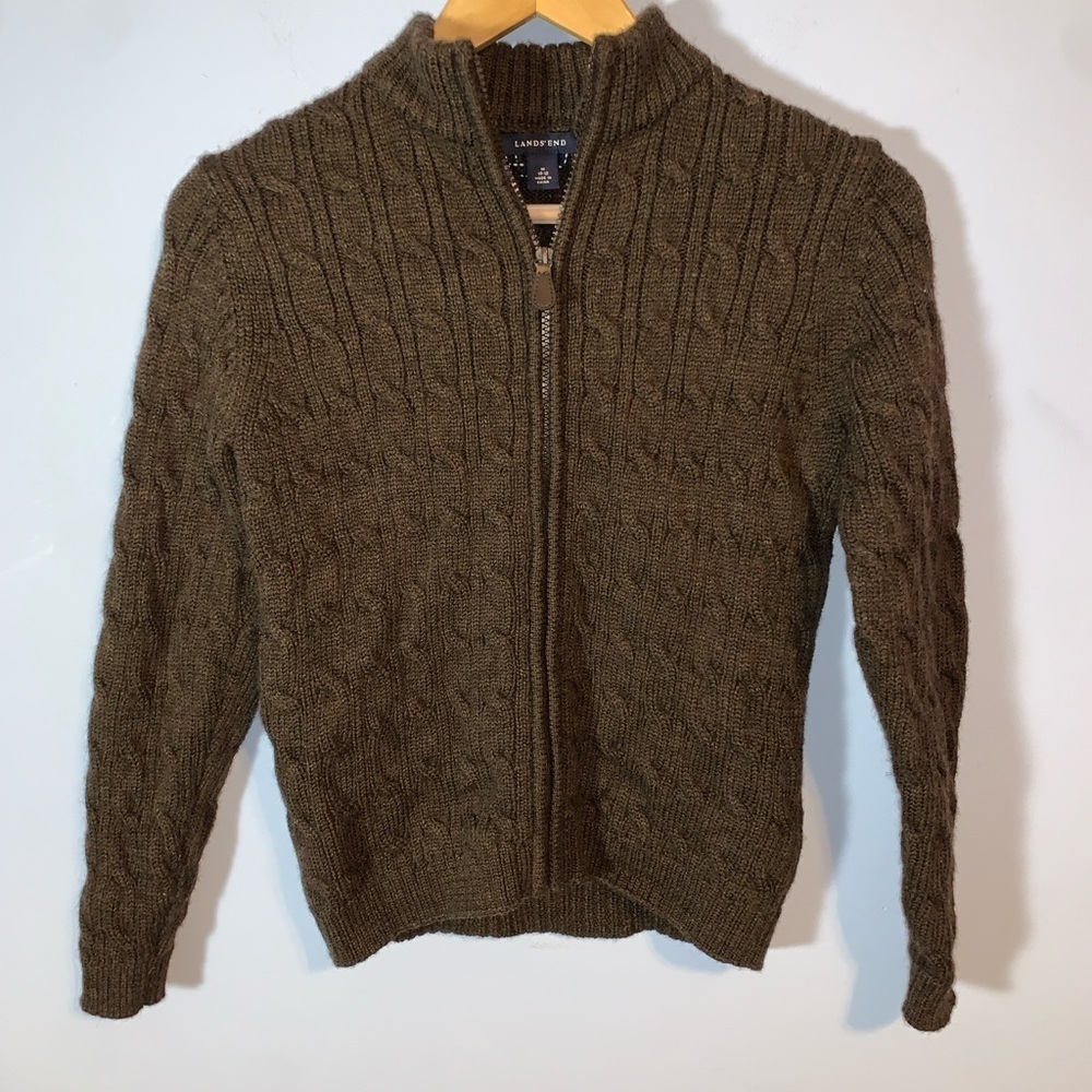 Lands end Brown wool Cable Knit zip Sweater cardigan elbow pads med 10-12